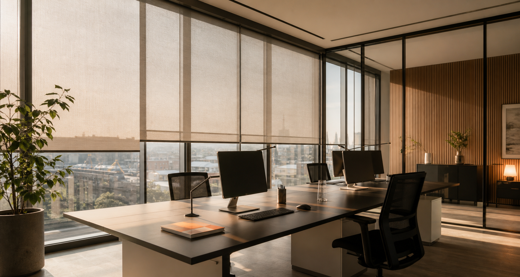 Modernes Büro mit Blendschutz an großen Fensterflächen